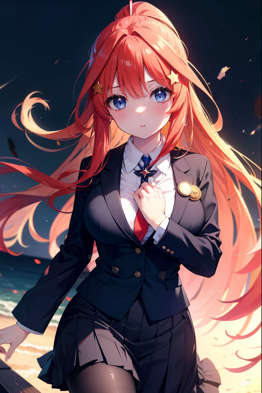 itsukinakano, Itsuki Nakano, bangs, blue eyes, hair between eyes, Ahoge, redhead, star \(symbol\), hair ornaments, star hair ornaments,ponytail, blue eyes, big breasts , 8K,highest quality,masterpiece,OL, red glasses, end, black suit jacket, collared jacket, white dress shirt, collared shirt, neckline, button, strap, ID card on neck,black pantyhose,Heel,have a textbook,corridorを歩いてる,
break indoors, School, corridor,
break (masterpiece:1.2), highest quality, High resolution, unity 8k wallpaper, (figure:0.8), (detailed and beautiful eyes:1.6), highly detailed face, perfect lighting, Very detailed CG, (perfect hands, perfect anatomy),