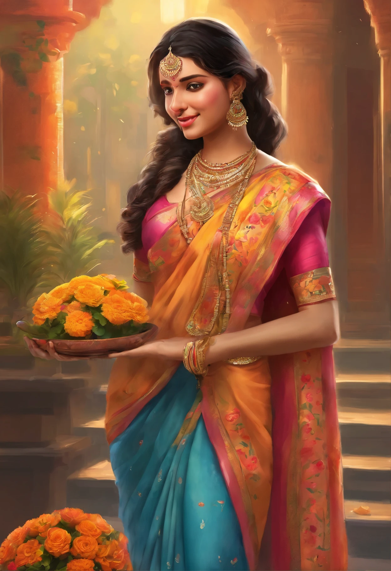 Visualize a charming Bengali girl adorned in the traditional attire of a vibrant saree, gracefully draped over her slender frame. Her attire is embellished with intricate designs and vibrant hues, reflecting the rich cultural heritage of Bengal. With each step, the soft rustle of her saree adds to the elegance of her movement.
In her delicate hands, she carries a beautifully decorated tray adorned with fragrant flowers, symbolizing purity and devotion. Marigolds, roses, and jasmine blooms intertwine in a colorful display, their sweet scent wafting through the air as she makes her way to the puja ceremony.
Her demeanor exudes grace and poise as she walks with purpose, her eyes alight with anticipation for the sacred rituals ahead. Along the way, she exchanges warm greetings with neighbors and friends, their faces aglow with excitement for the auspicious occasion.
In the background, the sounds of traditional Bengali music and chants fill the air, creating a festive atmosphere that permeates the streets. The sun casts a warm glow over the scene, illuminating the vibrant colors of Kolkata's bustling streets and adding to the sense of joy and celebration.
With each step, the Bengali girl embodies the timeless traditions and deep spirituality of her culture, her presence a radiant symbol of reverence and devotion as she prepares to offer her prayers to the divine.