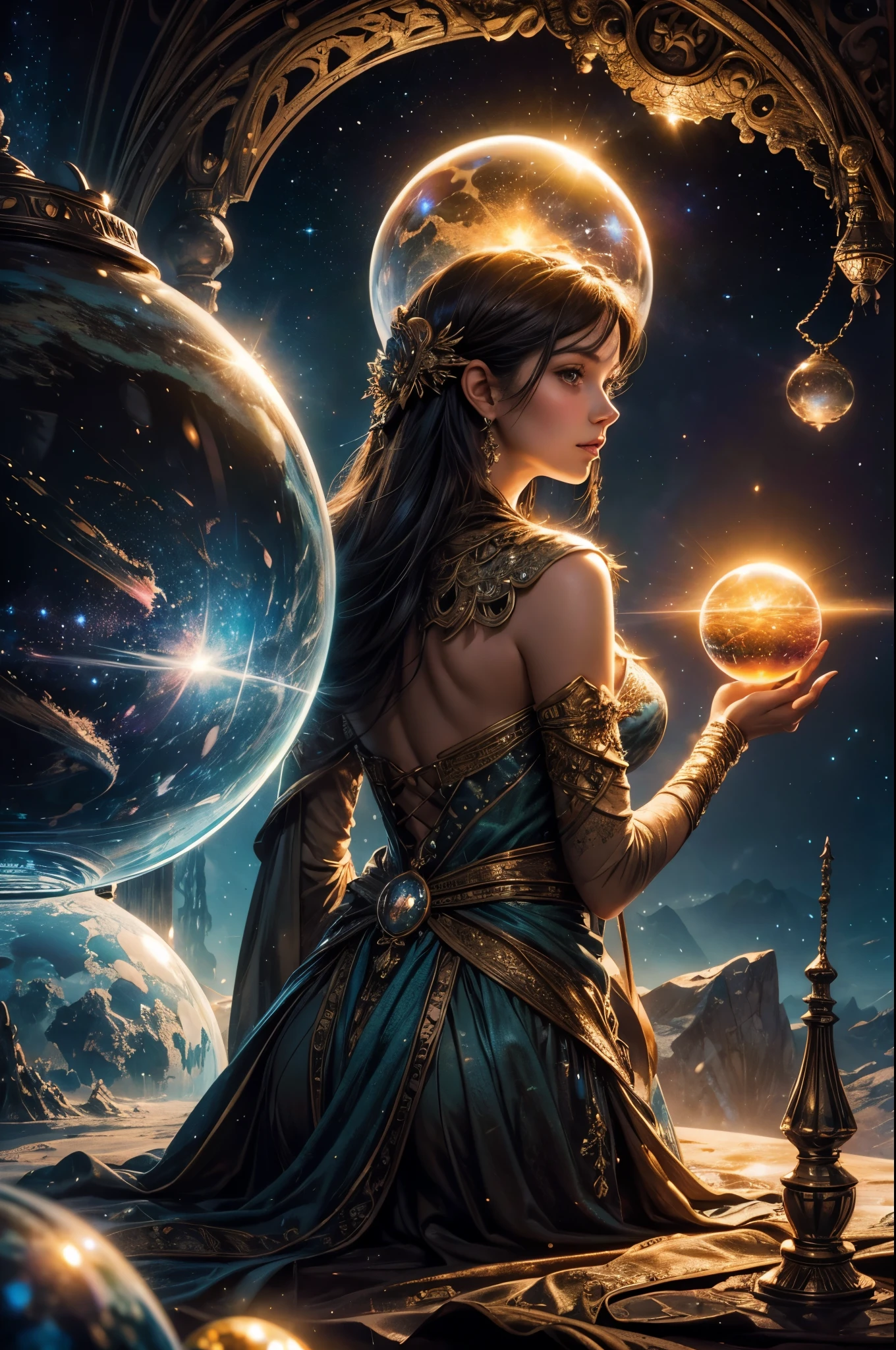 Highly detailed illustration of a world hidden inside a crystal ball, continents on the surface, atmosphere, galaxies in the background, whimsical lighting, enchanted ambiance, soft textures, artwork, ethereal glow, back -vibrant plane, rule of thirds, high quality, high details, backlight