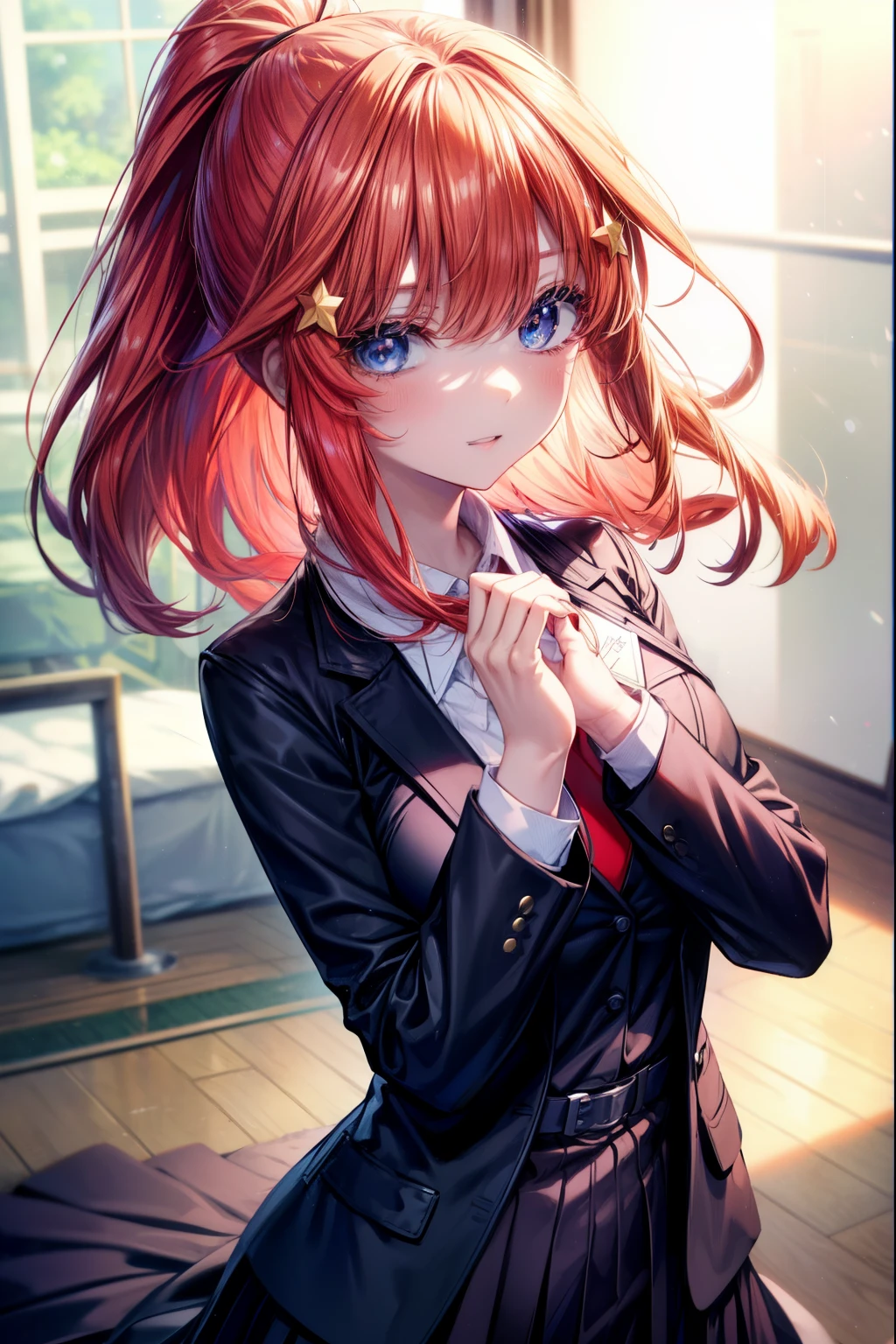 itsukinakano, Itsuki Nakano, bangs, blue eyes, hair between eyes, Ahoge, redhead, star \(symbol\), hair ornaments, star hair ornaments,ponytail, blue eyes, big breasts , smile,8K,highest quality,masterpiece,OL, red glasses, end, black suit jacket, collared jacket, white dress shirt, collared shirt, neckline, button, strap, ID card on neck,black pantyhose,Heel,have a textbook,corridorを歩いてる,
break indoors, School, corridor,
break (masterpiece:1.2), highest quality, High resolution, unity 8k wallpaper, (figure:0.8), (detailed and beautiful eyes:1.6), highly detailed face, perfect lighting, Very detailed CG, (perfect hands, perfect anatomy),
