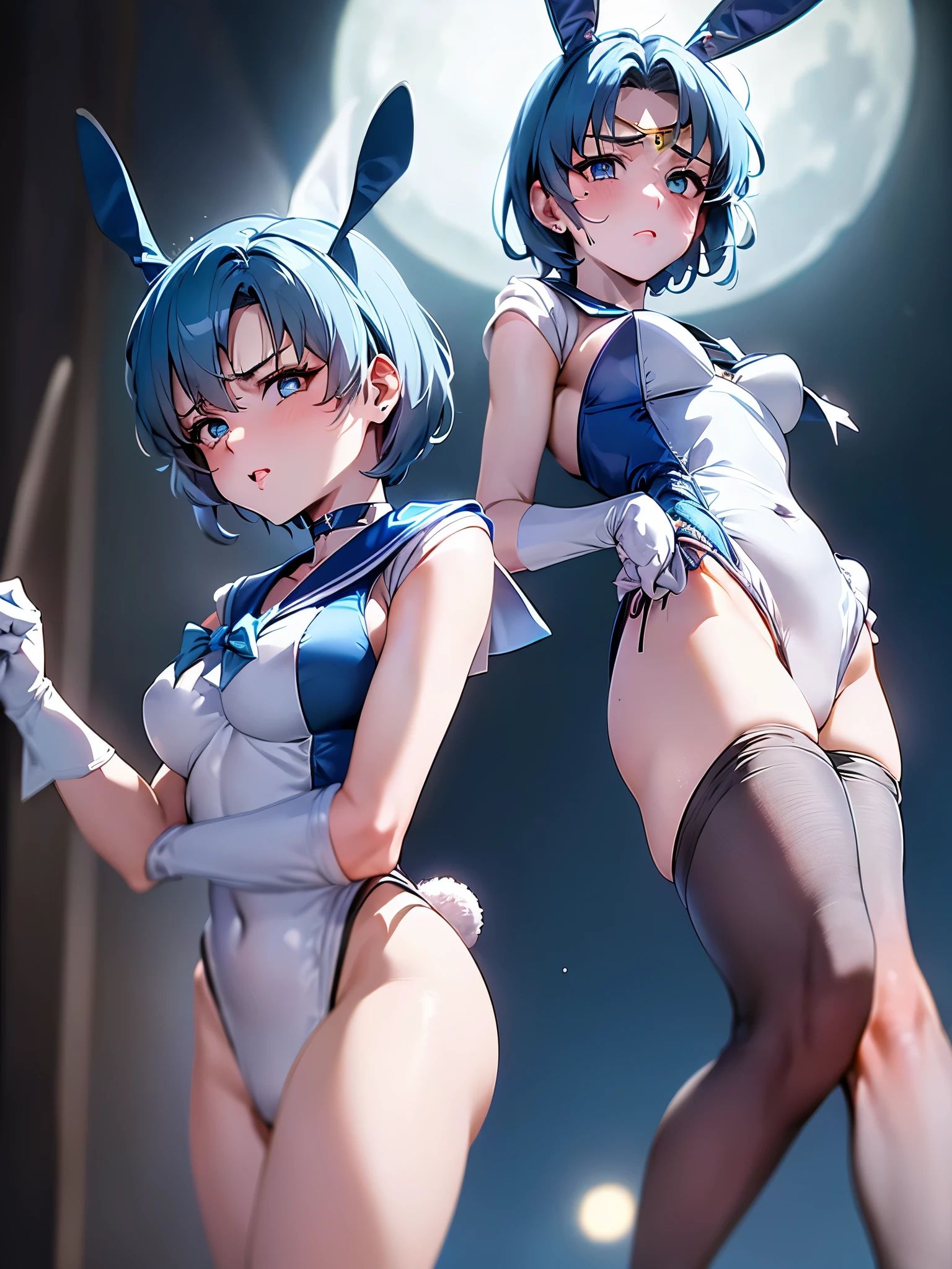 table top, highest quality, 1 girl, (sailor mercury),light blue hair, (black eye:1.2),((Bunny girl))、((leotard))、((embarrassed look))、((full moon))、((Photo from below))、(((pantyhose)))、((short hair hair))、((white long gloves))、((open your legs))、((Bunny ears))、((Tierra))