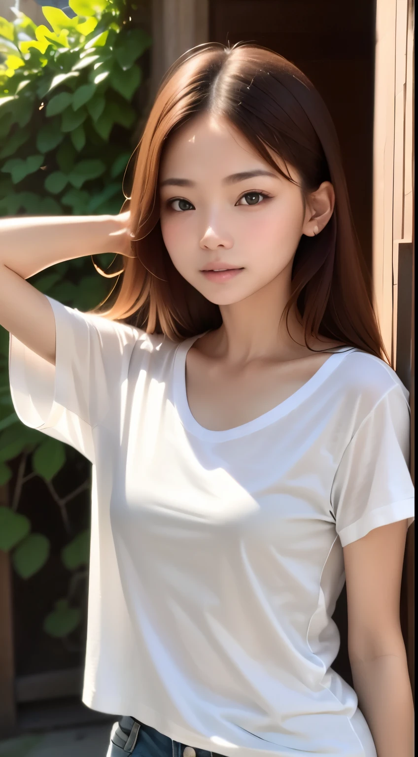 (((No bra:1.3、white t-shirt、erect nipples:1.2、Nipples that make a statement:1.2)))、woman&#39;s charm、20 year old woman、perfect style、ideal body、small breasts、Ultimate Beauty、no makeup、everyday morning、realistic, movie-like scene, 超realistic, ray tracing, HDR, highest quality, High resolution, 8k