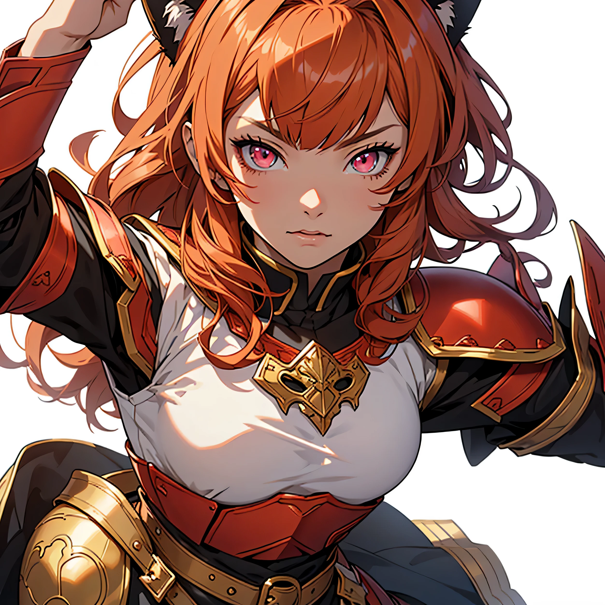 medieval anime art, masterpiece, best quality, by professional artist, female, solo, upper body portrait, detailed composition, detailed eyes, detailed hair, (((white background))), (((no background))), dark orange hair, bangs, pink eyes, cat ears, wearing red armor