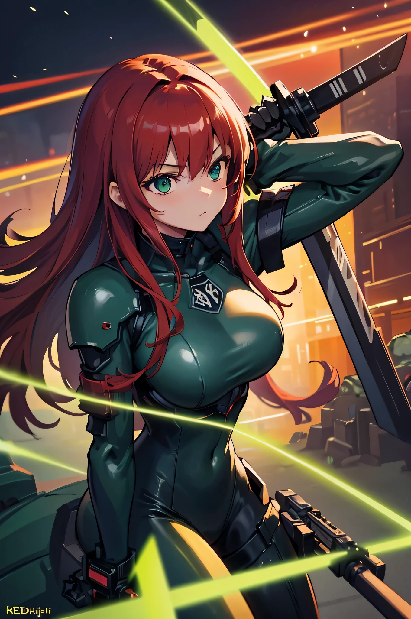 4k,High resolution,one woman,redhead,long hair,green eyes,big breasts,knight,tight black cyber suit,knightの鎧,knightのバイザー,long sword,city of the future,night background