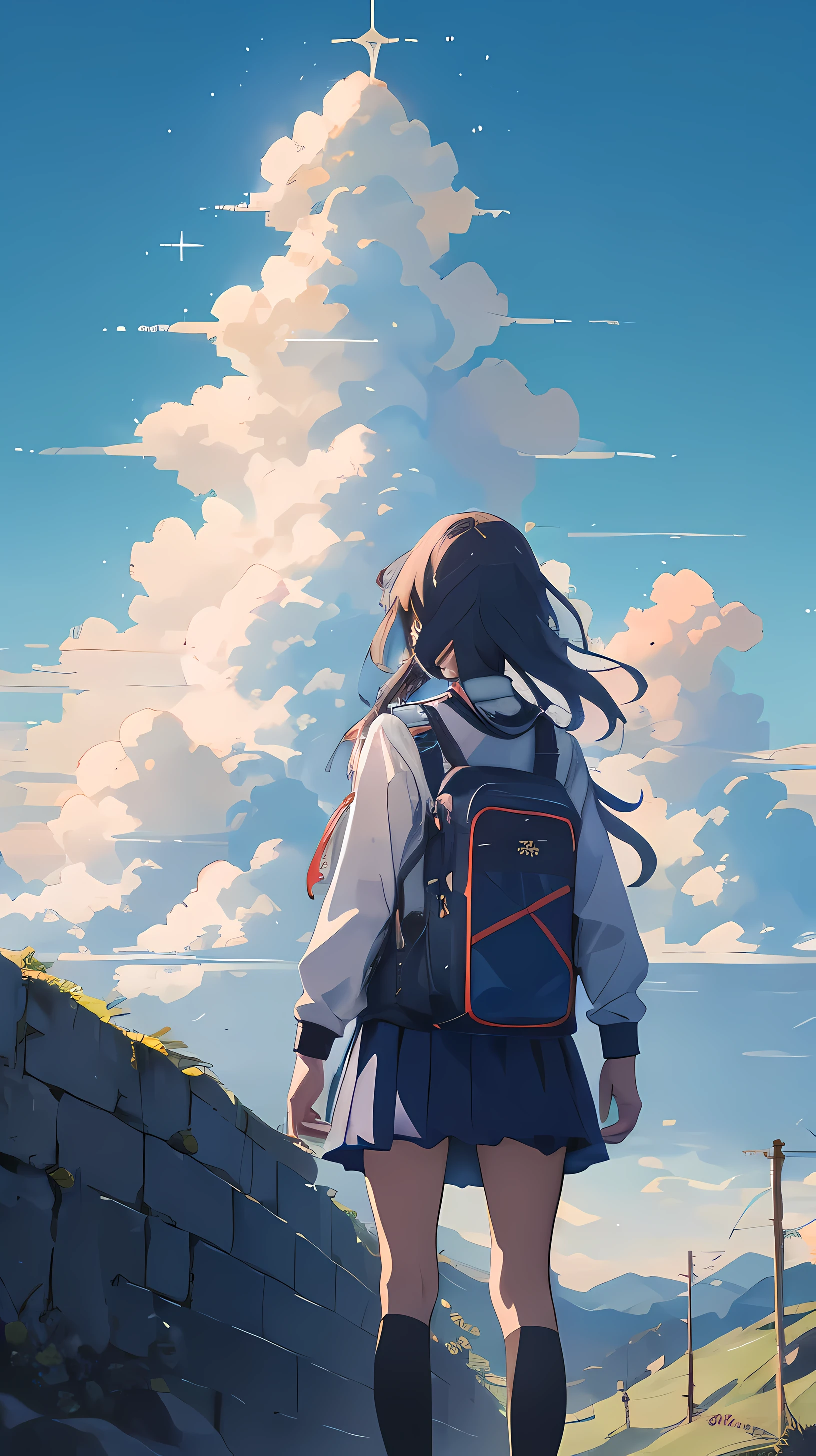 1 girl, blue sky, clouds background, very detailed, wearing school uniform, facing away, standing on a mountain going above clouds, 8k, high resolution