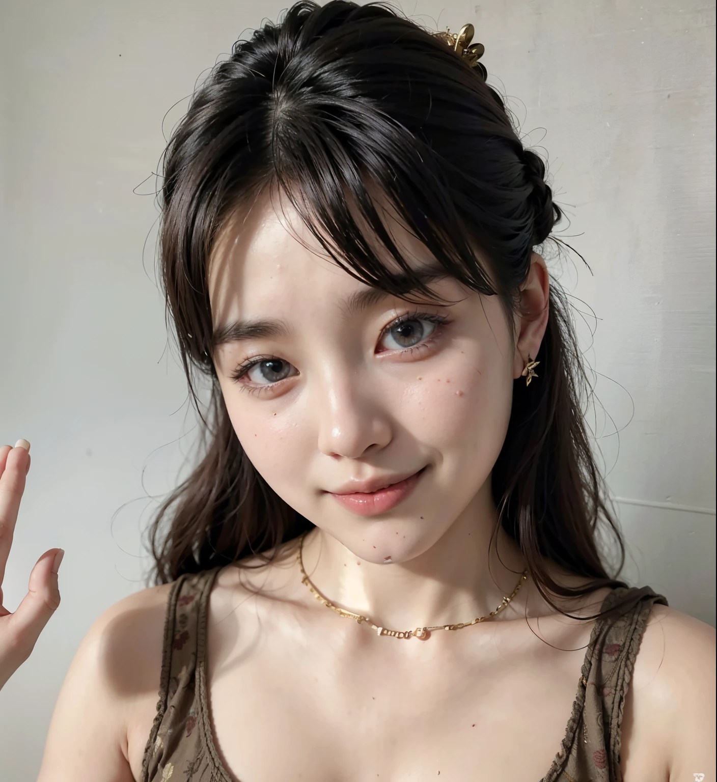 there is a woman with a necklace and a necklace around her neck, adorable and pale korean face, testa grande, Heonhwa Choe, young lovely korean face, com cara fofa - linda, Jaeyeon Nam, Korean facial features, Linda jovem coreana, young pale and beautiful asian face, coreana, linda mulher sul-coreana, Gongbi, bibi