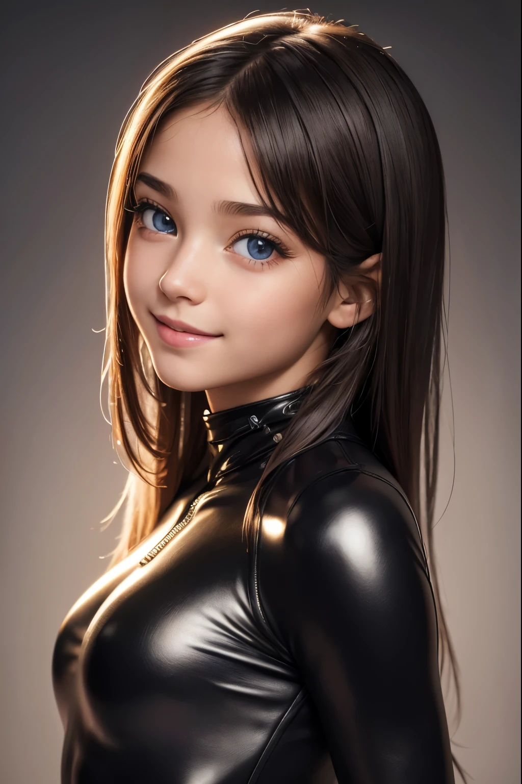 (best quality, highres, ultra-detailed:1.2), realistic, vibrant colors, studio lighting, (photography:1.1), (portrait:1.1), (girl:1.1), (12-year-old:1.1), detailed face and eyes, long eyelashes, beautiful smile, (body shot:1.1), (casual clothing:1.1) wearing a leather body suit