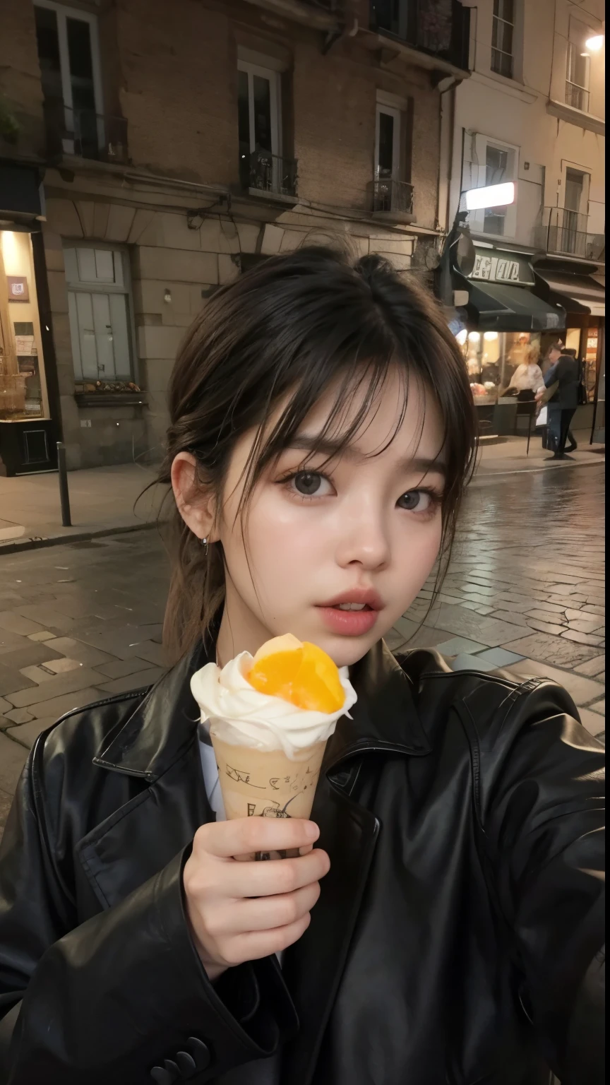woman in black leather jacket eating sorvete in city at night, lalisa manobal, eating sorvete, tomando sorvete, imagem de perfil, Com franja, sorvete, Lalisa Manoban do Blackpink, sorvete on the side, Jinyoung Shin, she has black hair Com franja, Ulzzang, bae suzy, com franja completa, coreana