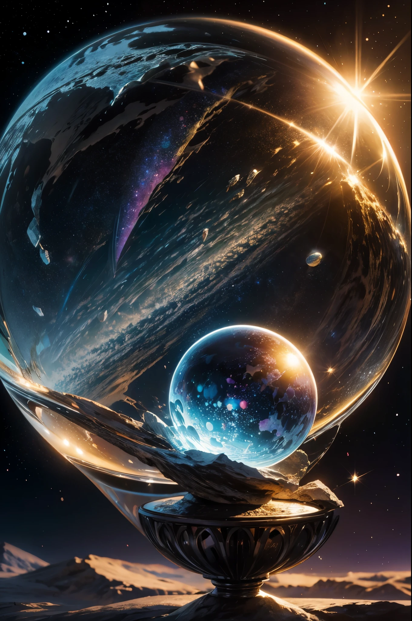 Highly detailed illustration of a world hidden inside a crystal ball, continents on the surface, atmosphere, galaxies in the background, whimsical lighting, enchanted ambiance, soft textures, artwork, ethereal glow, back -vibrant plane, rule of thirds, high quality, high details, backlight