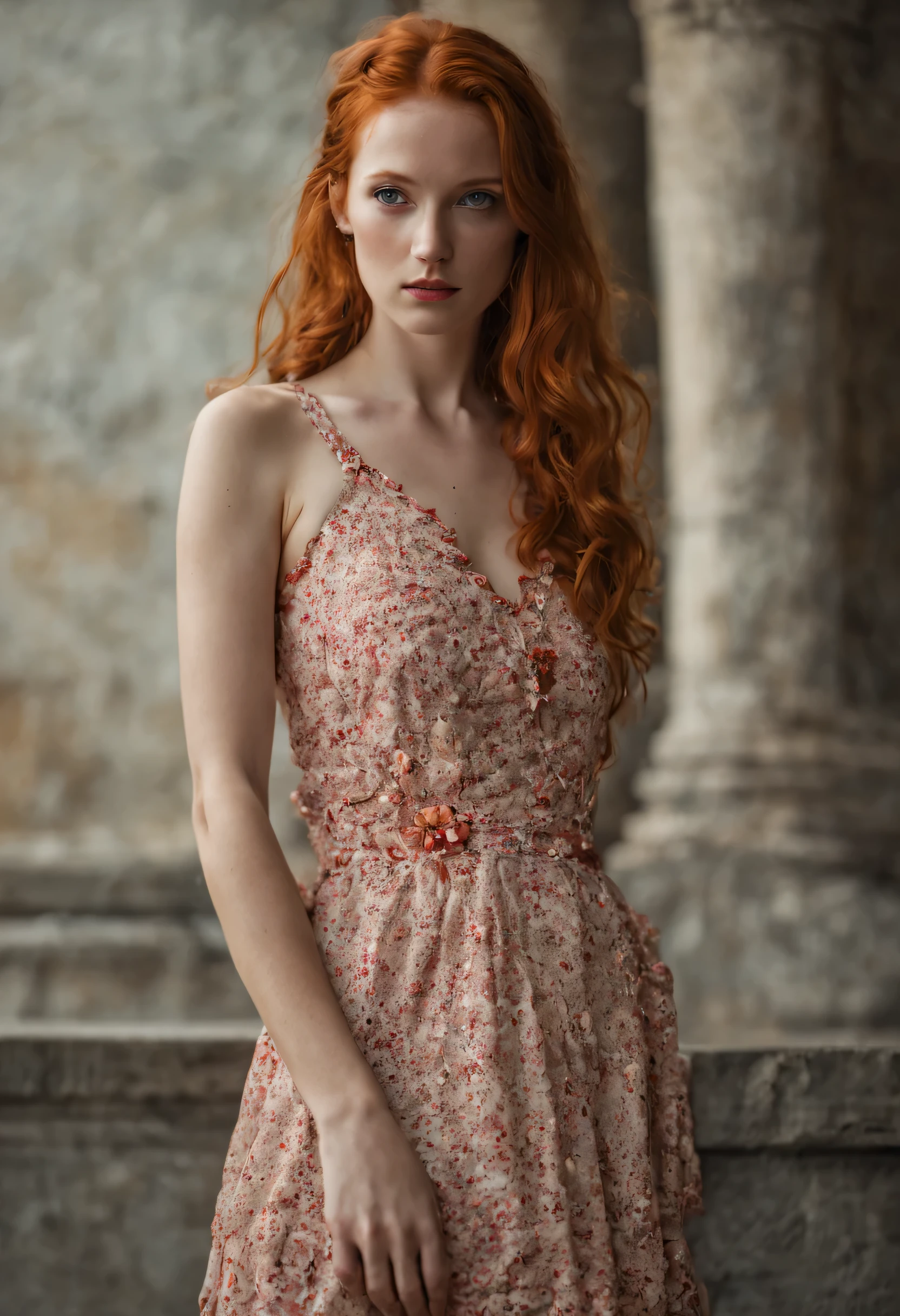 1girl in, age19, Solo, irish redhead, wavy ginger hair, shoulder length ginger hair, gray eyes, light grey eyes, some small freckles, pale skin, A-cup, small breasts, rough skin,runners body, imperfect skin, goosebumps, model posing, modelling, spanish red dress ,in pompei, perfect body, provocative,(extremely detailed 8k wallpaper) ,soft lighting, high quality, film grain, Fujifilm XT3 sharp focus, f 5.6, 24mm, High Detail, Sharp focus,(natural light), crazy details, complex details, hyperdetailed, red