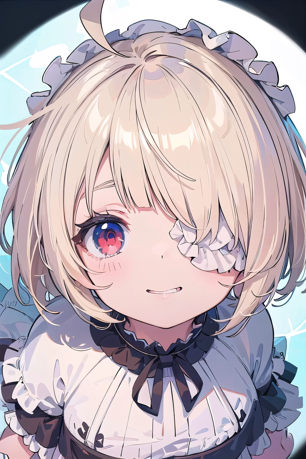 (masterpiece:1.2), (highest quality:1.2), perfect eyes, perfect face, perfect lighting, middle ages, prison, 1 girl, clear blonde ((((((hair over one eye)))))), Braid Styles, spiked hair, blunt bangs, bob hair, a braid, Ahoge red eyes, ((((white ruffle dress)))), cute eyes, medium breast, , vivid description, ((abedium breast, ((from above)), ((front)), Vivid depiction, ahegao, closed mouth, Are standing (tooth), ((looking up:1.2))), (face close up:1.4), smile
