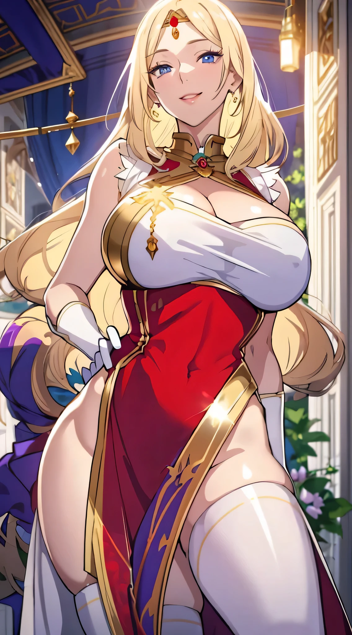 Lian, long blonde hair, hair stick, bangs, blue eyes, solo, smiling, standing, upper body, hips, bare shoulders,purple thighhighs, white dress, gold jewelry,armor,gloves,circlet, cleavage, red and gold royal castle, gigantic breasts, (best quality, masterpiece, beautiful and aesthetic:1.2, highest detailed face, perfect face,) eyes, perfect face,expressive eyes,
looking at viewer, in the center of the image,(Upper_body),(Focus on her face),
official art,extremely detailed CG unity 8k wallpaper, perfect lighting,Colorful, Bright_Front_face_Lighting,shiny skin,
(masterpiece:1.0),(best_quality:1.0), ultra high res,4K,ultra-detailed