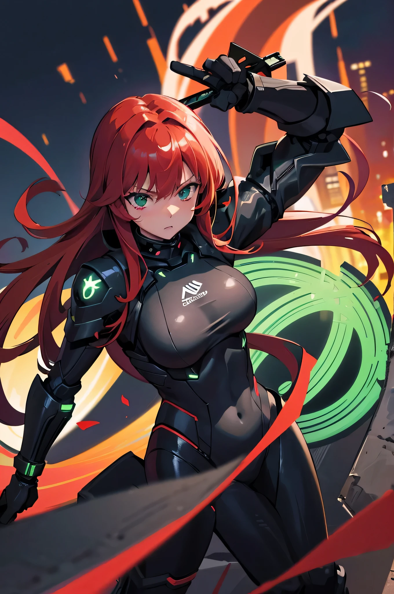 4k,High resolution,one woman,redhead,long hair,green eyes,big breasts,knight,tight black cyber suit,knightの鎧,knightのバイザー,long sword,city of the future,night background