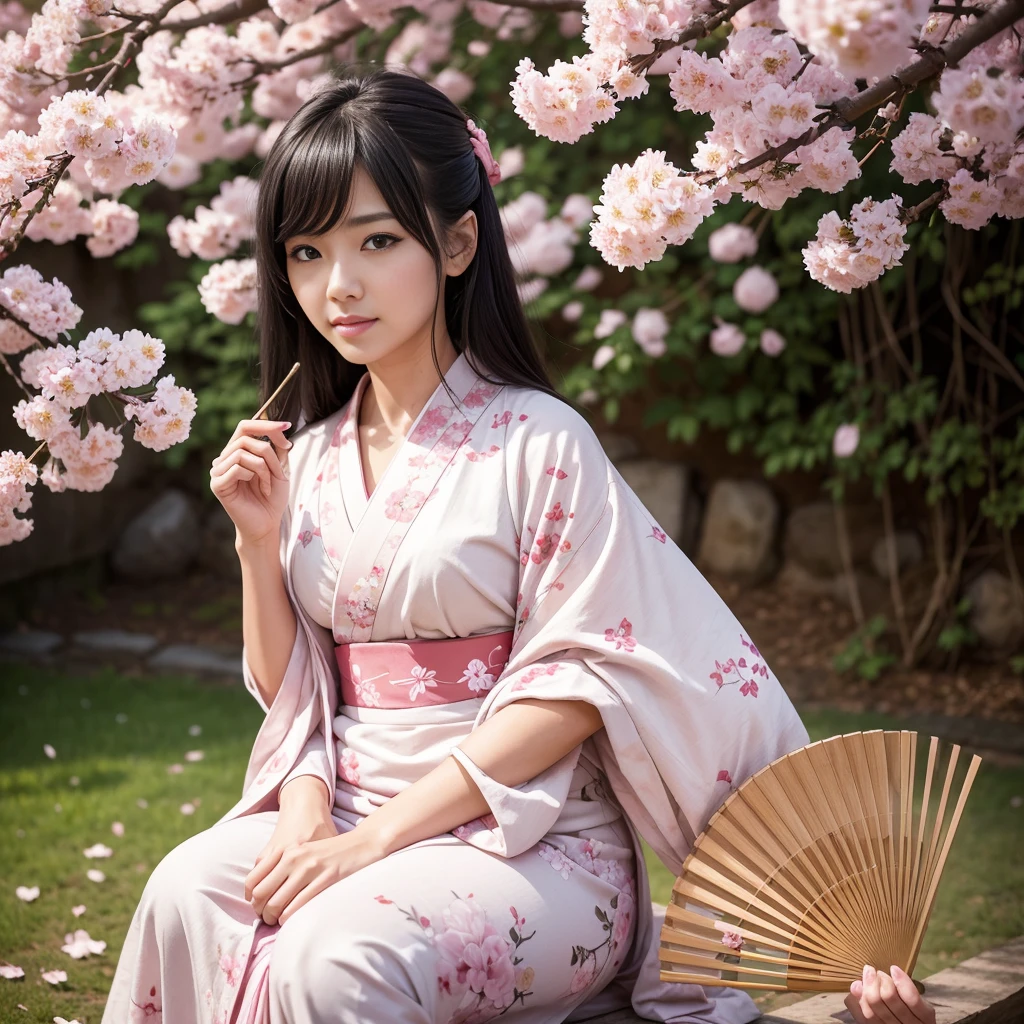 A girl sitting under a blooming cherry blossom tree, surrounded by falling sakura petals, beautiful detailed eyes, soft pink lips, flowing black hair, wearing a traditional kimono dress with intricate floral patterns, holding a delicate paper fan, gentle breeze blowing, sunlight casting warm golden hues, capturing the fleeting beauty of spring, medium:traditional Japanese woodblock print art style, delicate brushstrokes, vibrant colors, best quality, highres, ultra-detailed, realistic:1.37, studio lighting, vivid pink and white petals, peaceful and serene atmosphere.