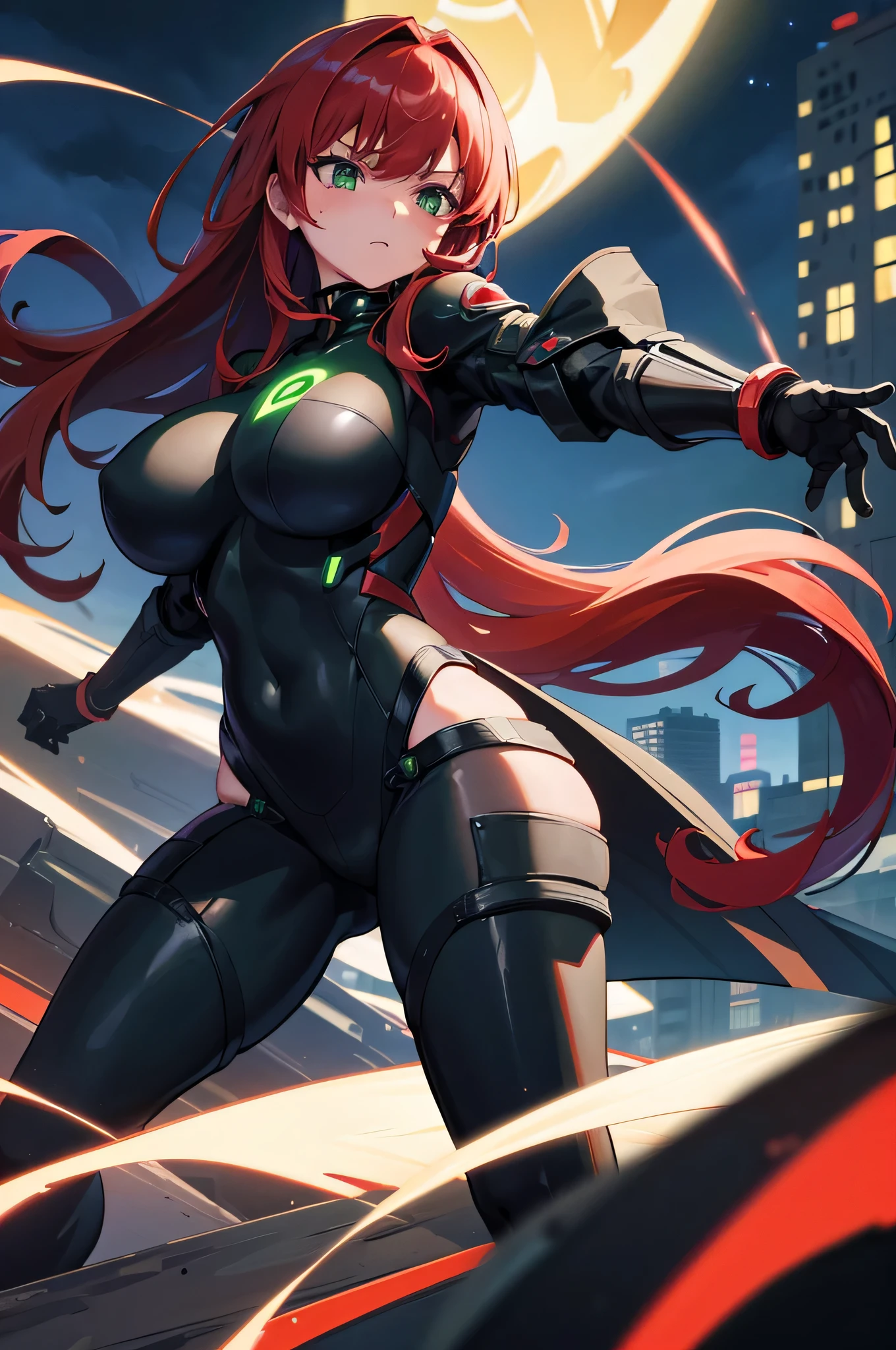 4k,High resolution,one woman,redhead,long hair,green eyes,big breasts,knight,tight black cyber suit,knightの鎧,knightのバイザー,long sword,city of the future,night background