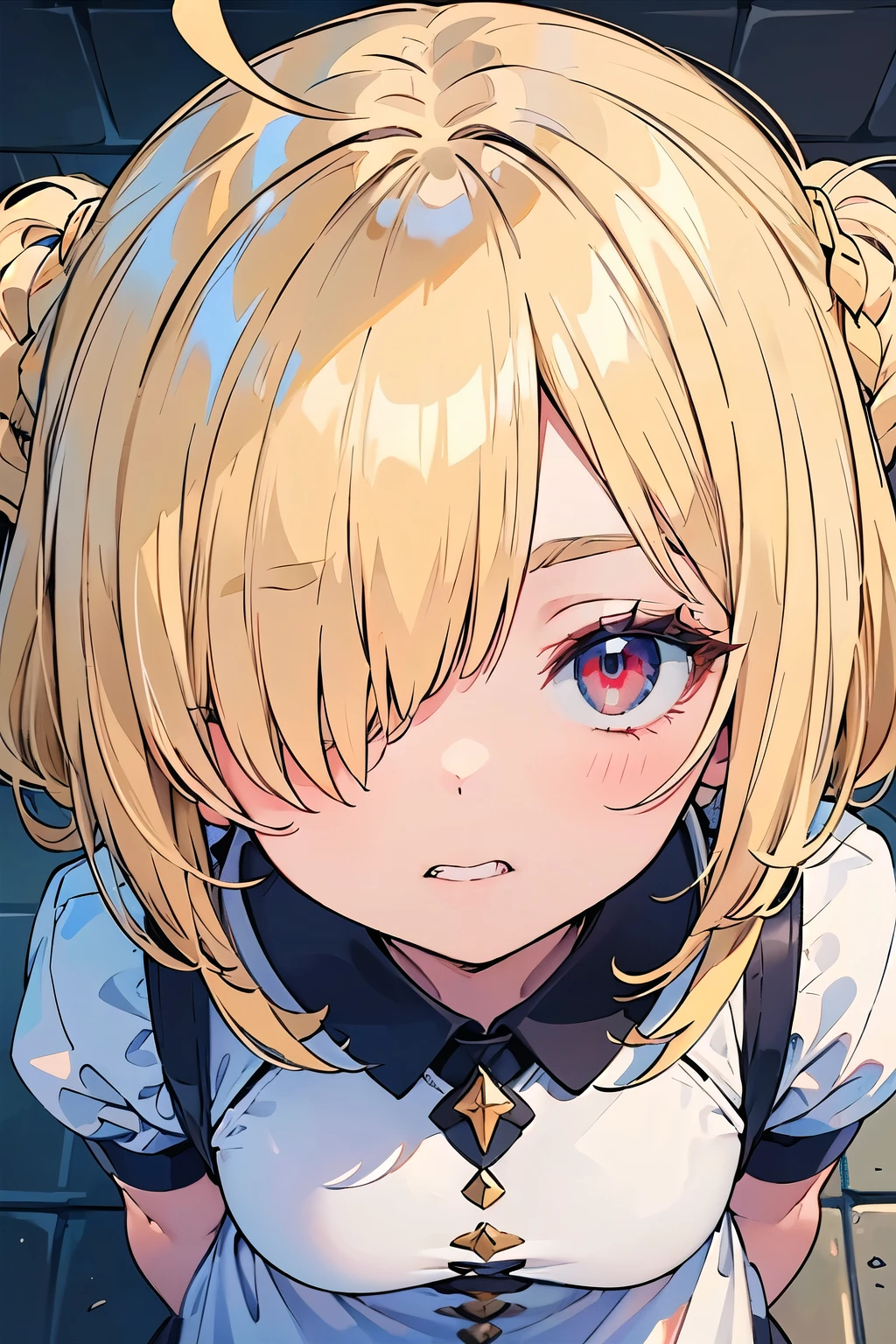 (masterpiece:1.2), (highest quality:1.2), perfect eyes, perfect face, perfect lighting, middle ages, prison, 1 girl, clear　blonde　((((((hair over one eye)))))), Braid Styles, spiked hair, blunt bangs, bob hair, a braid, Ahoge　red eyes, ((((white ruffle dress)))), cute eyes, medium breast, , vivid description, ((abedium breast, ((from above)), ((front)), Vivid depiction, ahegao, closed mouth, Are standing (tooth), (face close up:1.2), 