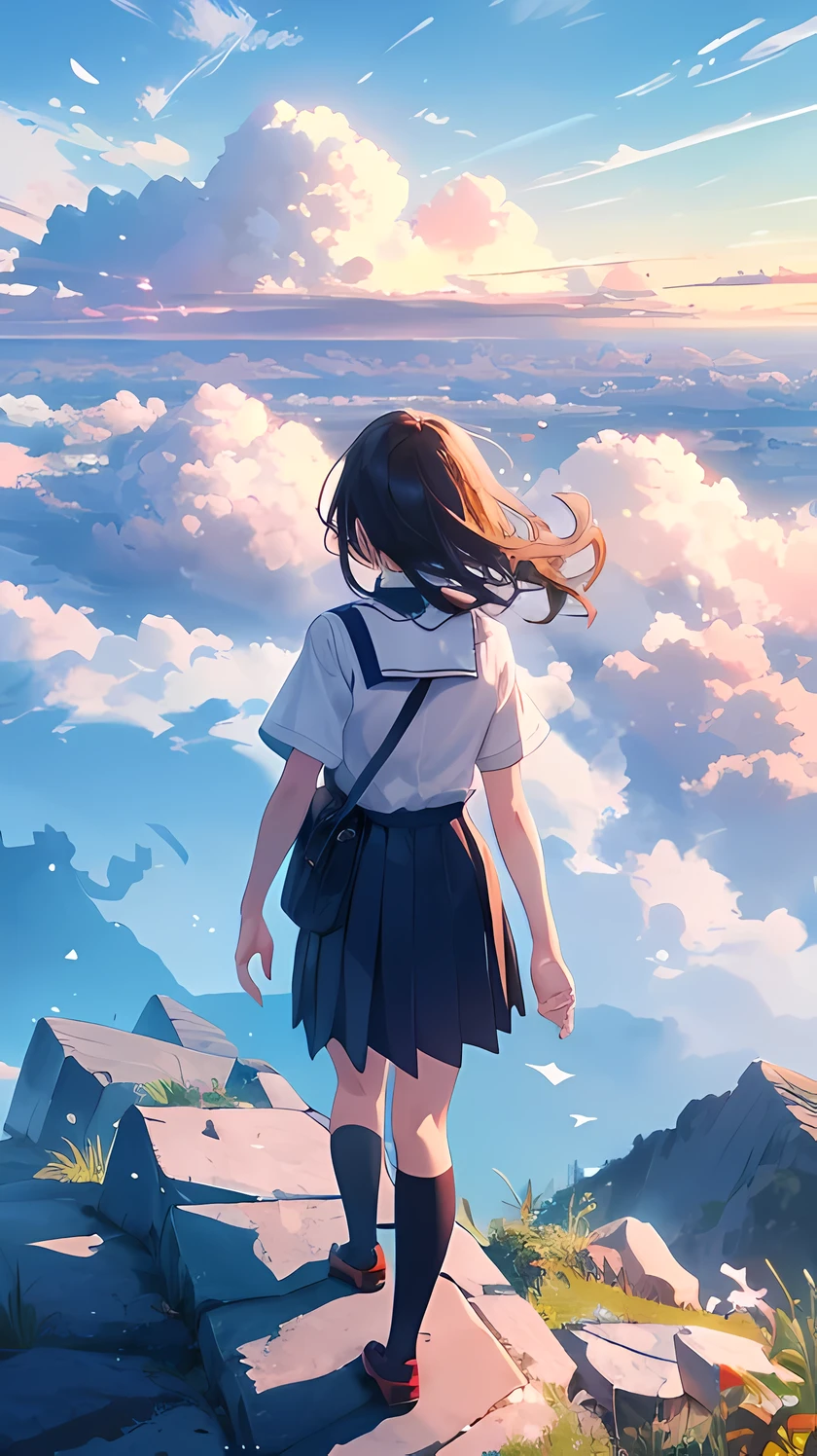 1 girl, blue sky, clouds background, very detailed, wearing school uniform, facing away, standing on a mountain going above clouds, 8k, high resolution
