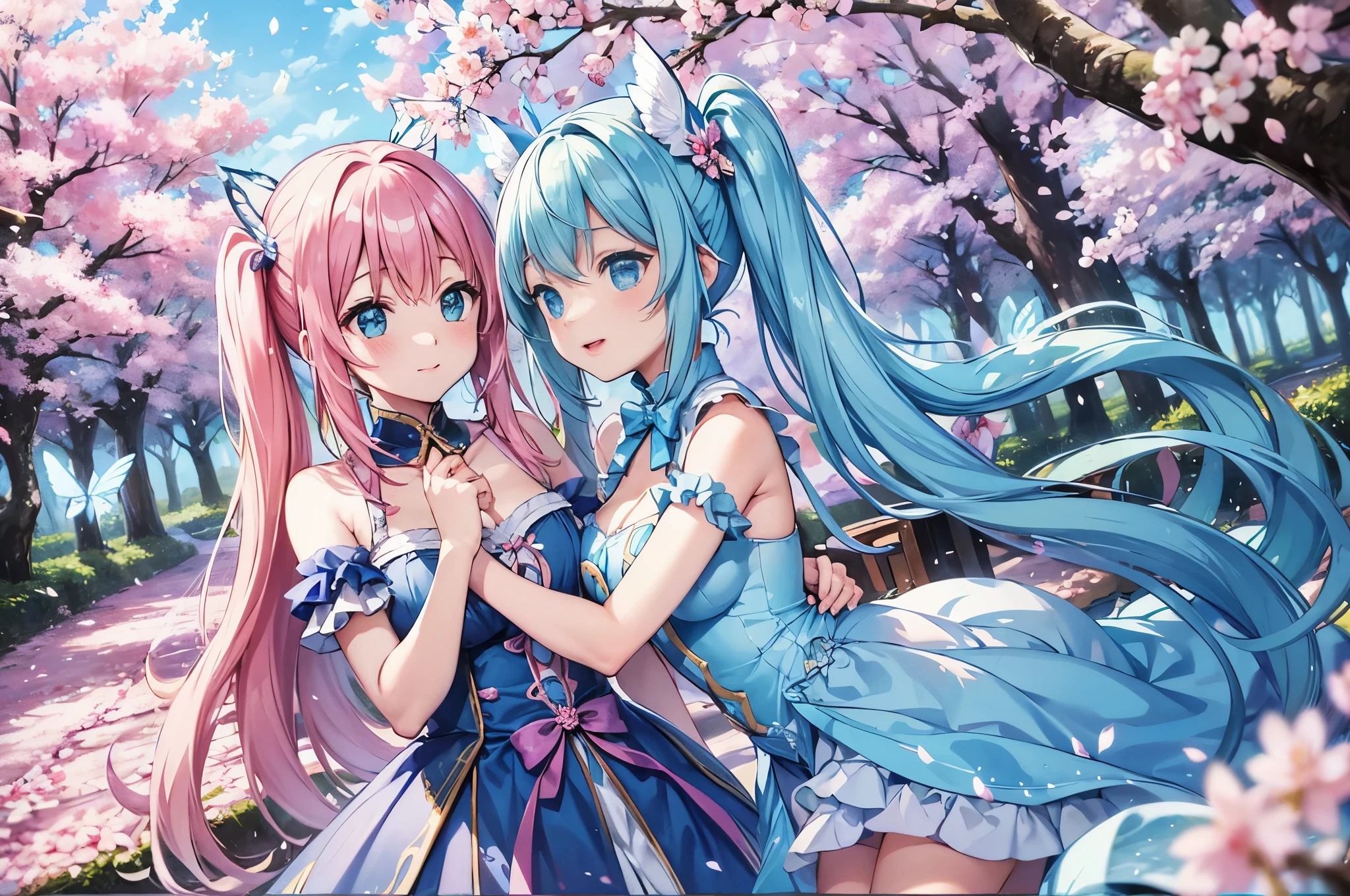 dynamic angle、 in the magical forest, A mysterious fairy girl appears, light blue long hair、The hairstyle is twintails、adorable smile、Clear blue sky, cherry blossoms bloom、A large pure white owl is watching over the girl.、Beautiful butterflies flying around, Many cherry blossoms are blooming、fantastic scenery、 Sunbeams pouring down through the trees、Creating a field where dreams and reality intersect,