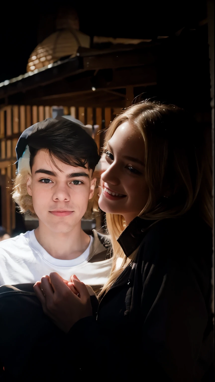 blonde girl next to a guy, really close couple love, happy, smile, public place