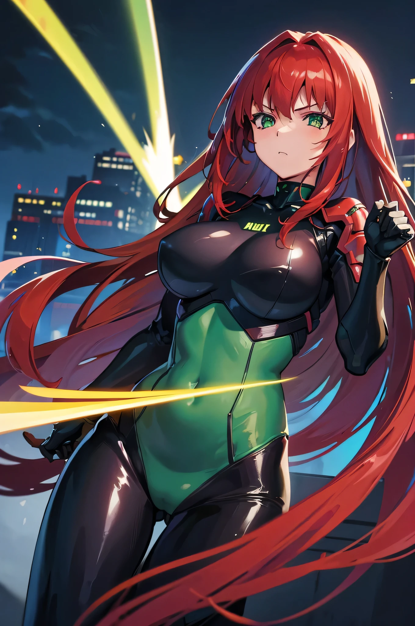 4k,High resolution,one woman,redhead,long hair,green eyes,big breasts,knight,tight black cyber suit,knightの鎧,knightのバイザー,long sword,city of the future,night background