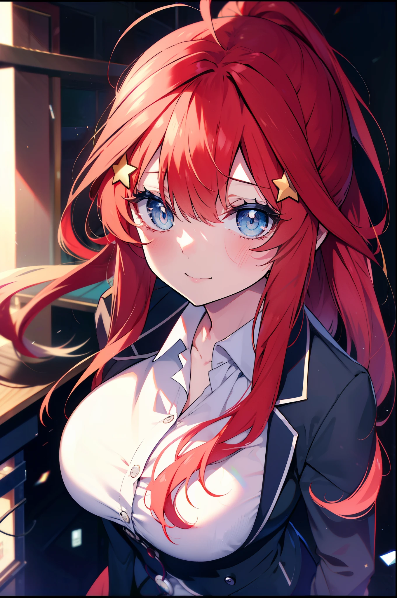 itsukinakano, Itsuki Nakano, bangs, blue eyes, hair between eyes, Ahoge, redhead, star \(symbol\), hair ornaments, star hair ornaments,ponytail, blue eyes, big breasts , smile,8K,highest quality,masterpiece,OL, red glasses, end, black suit jacket, collared jacket, white dress shirt, collared shirt, neckline, button, strap, ID card on neck,black pantyhose,Heel,have a textbook,corridorを歩いてる,
break indoors, School, corridor,
break (masterpiece:1.2), highest quality, High resolution, unity 8k wallpaper, (figure:0.8), (detailed and beautiful eyes:1.6), highly detailed face, perfect lighting, Very detailed CG, (perfect hands, perfect anatomy),