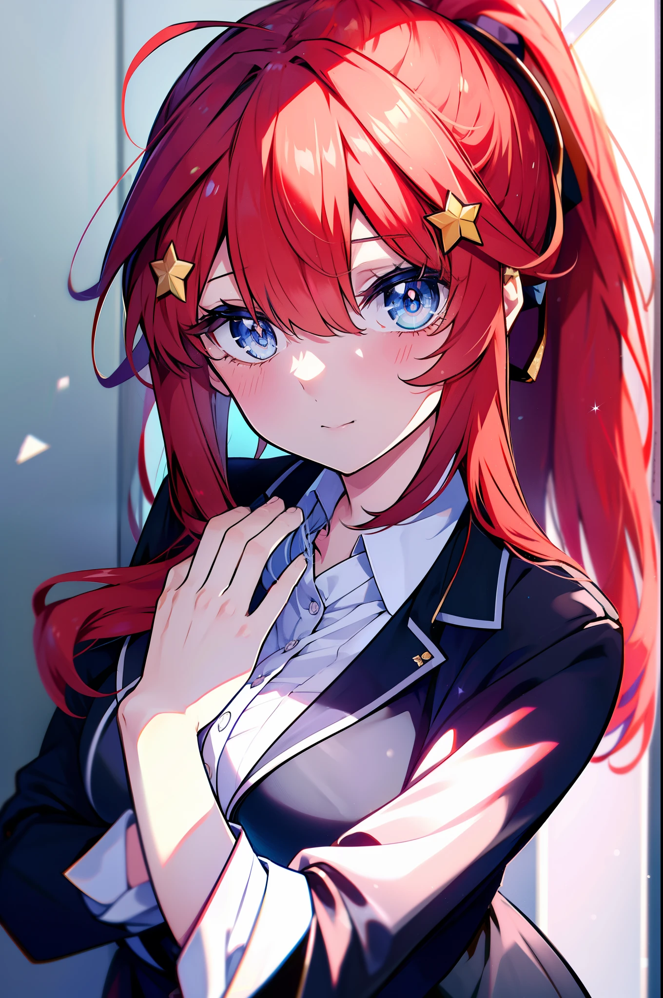 itsukinakano, Itsuki Nakano, bangs, blue eyes, hair between eyes, Ahoge, redhead, star \(symbol\), hair ornaments, star hair ornaments,ponytail, blue eyes, big breasts , smile,8K,highest quality,masterpiece,OL, red glasses, end, black suit jacket, collared jacket, white dress shirt, collared shirt, neckline, button, strap, ID card on neck,black pantyhose,Heel,have a textbook,corridorを歩いてる,
break indoors, School, corridor,
break (masterpiece:1.2), highest quality, High resolution, unity 8k wallpaper, (figure:0.8), (detailed and beautiful eyes:1.6), highly detailed face, perfect lighting, Very detailed CG, (perfect hands, perfect anatomy),