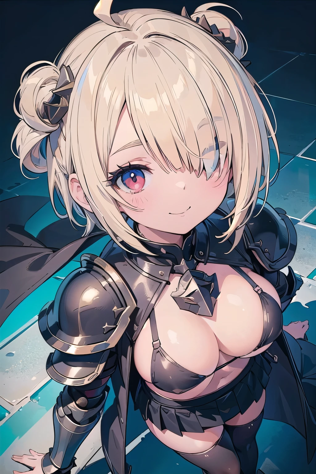 (masterpiece:1.2), (highest quality:1.2), perfect eyes, perfect face, perfect lighting, middle ages, prison, 1 girl, clear　blonde　((((((hair over one eye)))))), Braid Styles, spiked hair, blunt bangs, bob hair, a braid, Ahoge　red eyes, (((black bikini armor))), cute eyes, medium breast, , vivid description, ((abedium breast, ((from above)), ((front)), Vivid depiction, ahegao, closed mouth, Are standing (tooth), (face close up:1.2), smile, black robe　Thighhighs, skirt