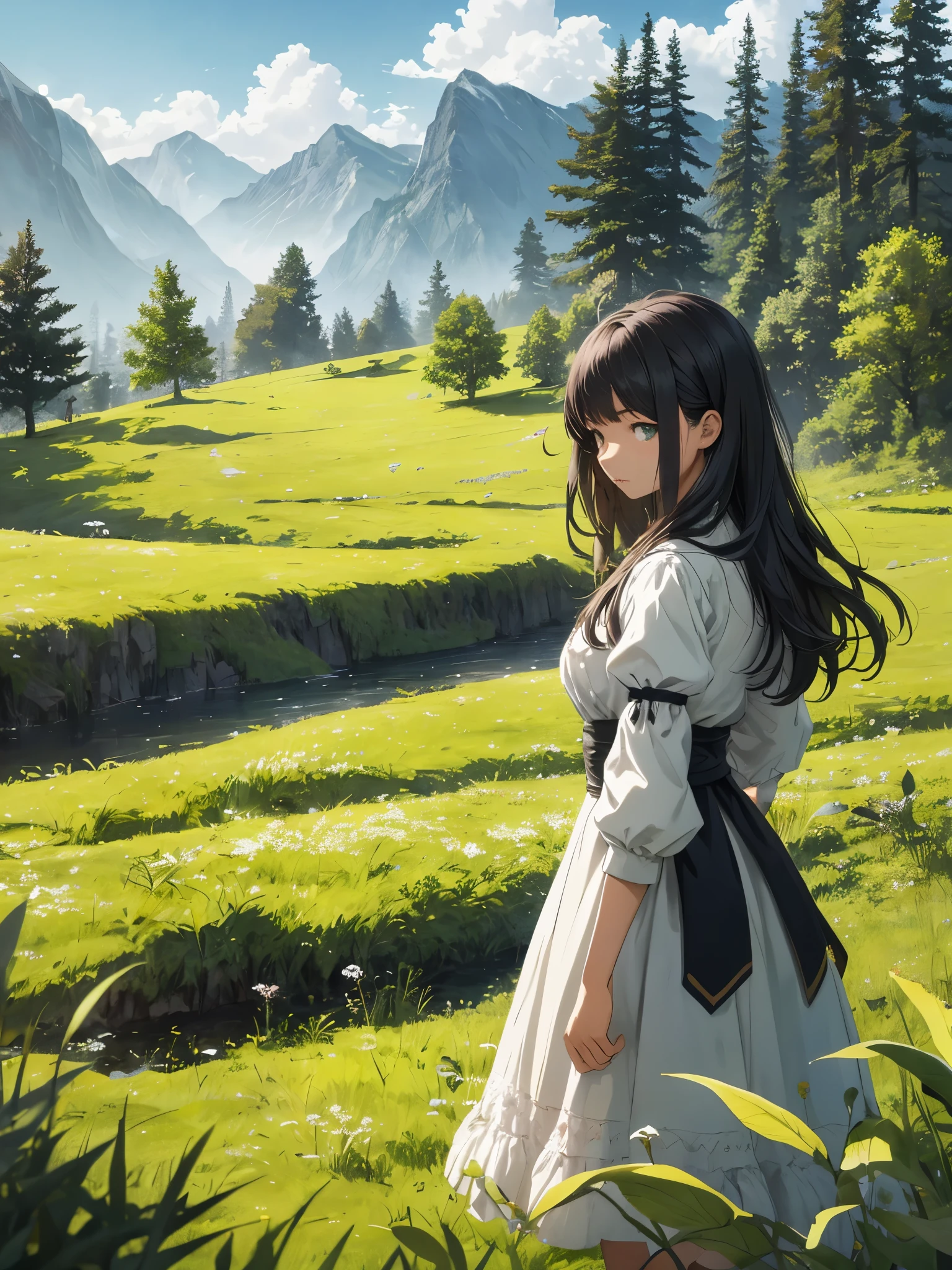 In a green meadow stands a girl leading a group of knights.
BREAK
With a brave expression, she guides them towards their destination.
BREAK
Behind her, a green forest stretches out and beyond that, mountains rise in the distance.
BREAK
The most suitable effect for this scene would be a watercolor painting technique to capture the softness of the meadow and the fluidity of the movement.