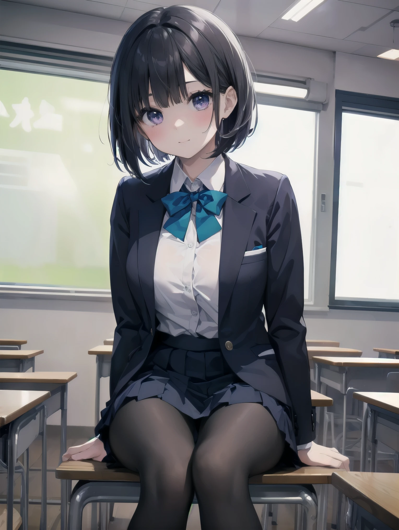 細部に至るまinの傑作、highest quality、realistic、1 girl、solo、12 years old、Looks about 5 years old、140cm beautiful girl、、5 year old baby face、Silky hair、Gradient bob in the forward、blue and purple mesh、big vertical eyes、Outstanding looks、cute 、proximity、closed_mouth、laughter、blush、恥ずかしさinいっぱい、blue bow tie、Branded uniforms、赤いblazer、blazer、pleated skirt、navy blue skirt、silk blouse、white blouse、feet、black tights、sit on top、classroom、hair_ornament、looking for_in_viewer、beiniful detailed eyes、realistic目、tights on、Not clear、professional effects、Not clear、enhanced elegance、Really ridiculous cuteness、cute