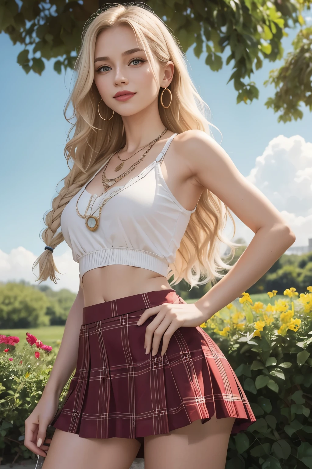 Caucasian woman, blonde hair, wavy hair, long hair, braided hair, hair with dark roots, green eyes, lined eyes, focus eyes, red lipstick, smile, athletic body, small breasts, white top, plaid skirt, woman raises her skirt, shows her underwear, white underwear, goals, cameltoe, legs, earrings, necklace, beautiful garden in the background, colorful flowers, frontal shot, shot from below.