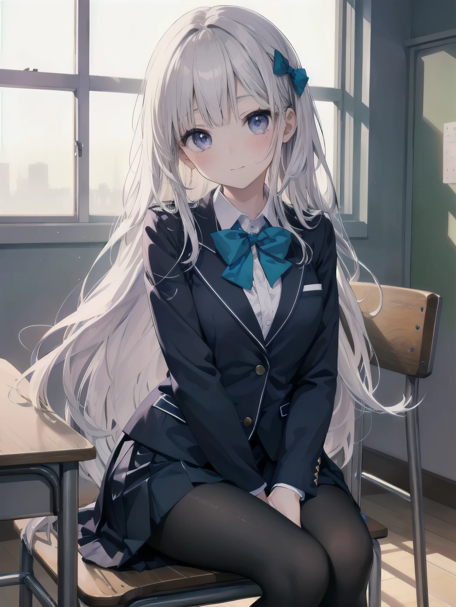 細部に至るまinの傑作、highest quality、realistic、1 girl、solo、12 years old、Looks about 5 years old、140cm beautiful girl、、5 year old baby face、Silky hair、Gradient bob in the forward、blue and purple mesh、big vertical eyes、Outstanding looks、cute 、proximity、closed_mouth、laughter、blush、恥ずかしさinいっぱい、blue bow tie、Branded uniforms、赤いblazer、blazer、pleated skirt、navy blue skirt、silk blouse、white blouse、feet、black tights、sit on top、classroom、hair_ornament、looking for_in_viewer、beiniful detailed eyes、realistic目、tights on、Not clear、professional effects、Not clear、enhanced elegance、Really ridiculous cuteness、cute
