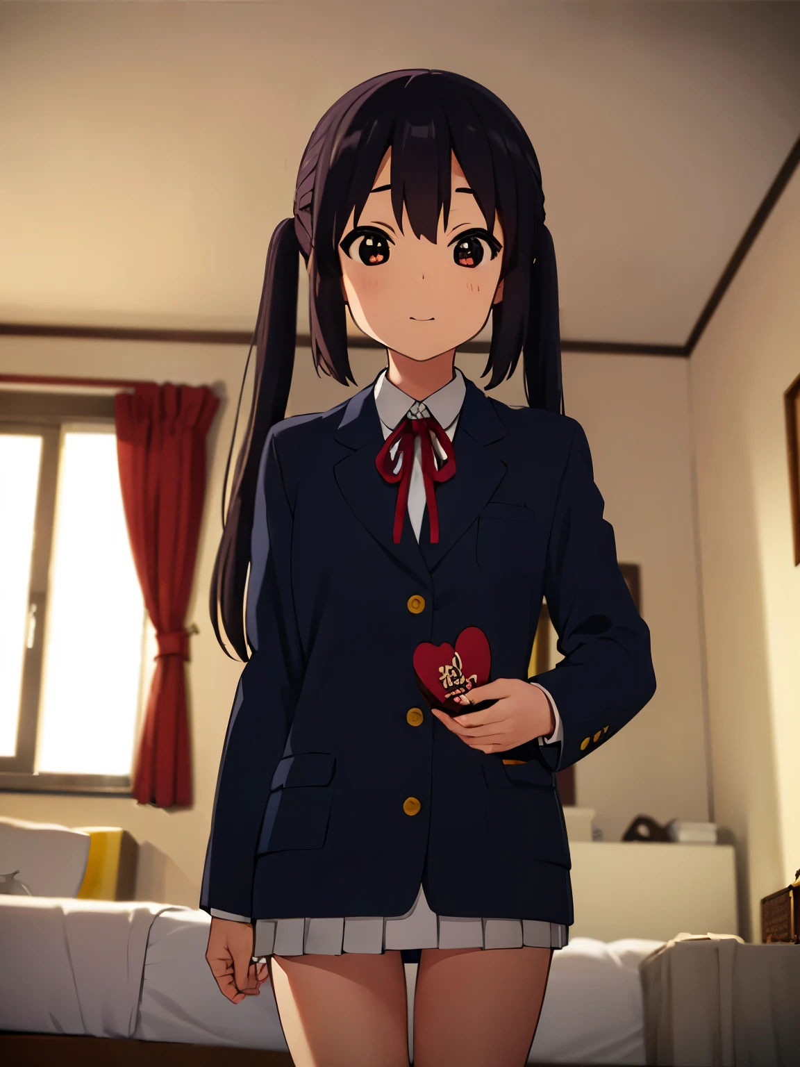 1girl, (((masterpiece))), wallpaper HD, top-quality, top-quality, High Details, nakano azusa, 1girl, Sakuragaoka High School Uniform, student clothes, Twin-tailed, length hair, A dark-haired, brown-eyed, solo, reddish, Dark blue blazer with thin red ribbon, Solid white buttoned shirt under blazer, illustratio, comic strip, soothing tones, Subdued Color, Soft cinematic light, adobe lightroom, photolab, HDR, intricately and hyper-detailed、(((depth of fields))))。(((masterpiece)))。(((top-quality))).)((ultra-detailliert)))。(((illustratio)))。(((takeout))).dynamic focus.big breasts.(((home))).(((A bedroom))).(((Face of happiness))). open smile mouth.(((hand holding a chocolate valentine gift))).(((up chest))).((morning glow)).((the setting sun)).