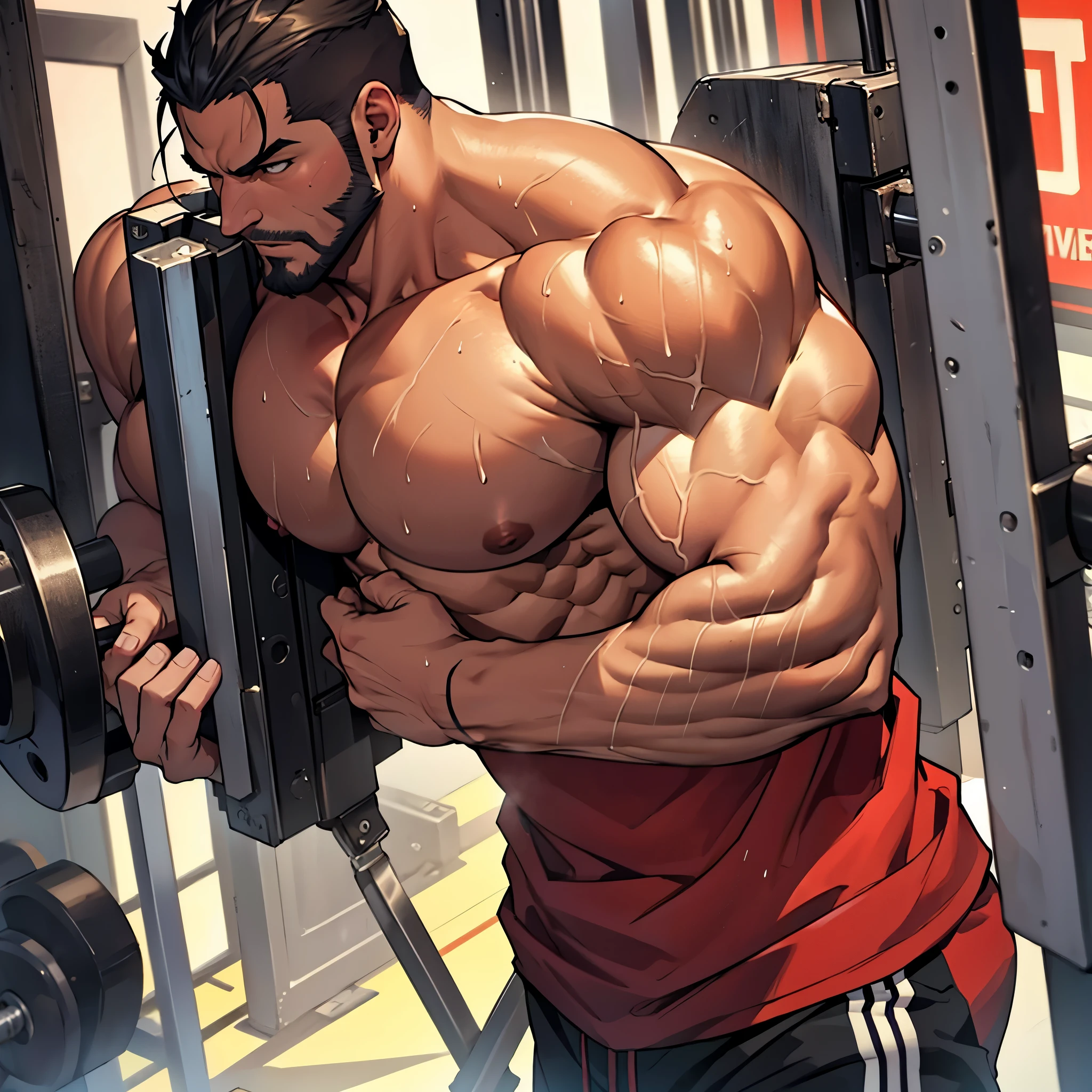 Handsome extremely thick, massive body, beefy body, muscular brute, maximum pumped, steroid male, sweaty, shirtless, thick arms and chest, veiny arms, gym background