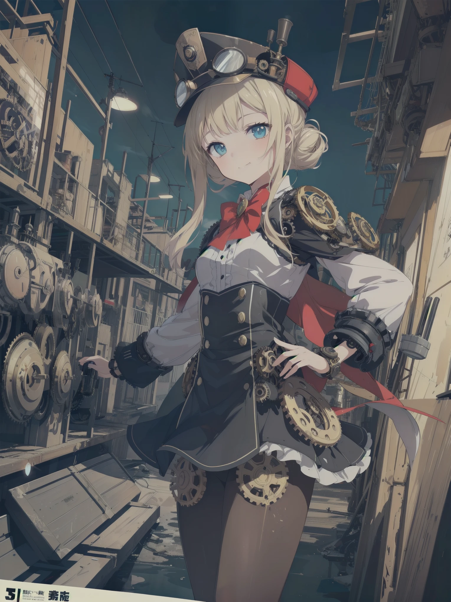 (comic book style),(line drawing_anime),(cowboy shot, highest quality, ),(Laura Budd Photo:1.2),(Laura Add Details:1.0),8k, flat color:0.8,1 girl,smile、(Highly decorative and complex mechanical steampunk fashion, lace flare dolphin hat、goggles 1.5、machinery background、Gear background、complex mechanized steampunk factory、1.5)