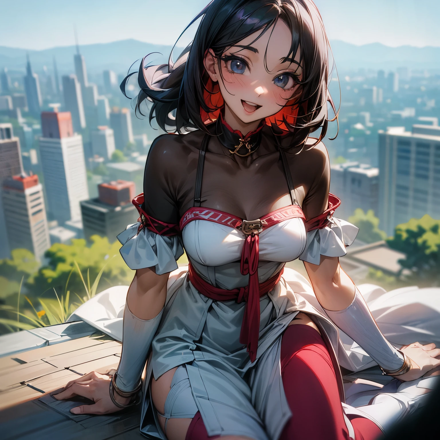 ((Masterpiece)), (Anime:1.5), ((best quality)), (Professional Photography:1.3), (High Definition), (RAW photo:1.2), (12 years old), cute girl, Ritual Dress, open mouth, smile, ruined Ancient cities, cute eyes, long eyelashes, Glossy skin, (makeup red lipstick), looking down on the ground from bad scaffolding on top of 2000m skyscraper,