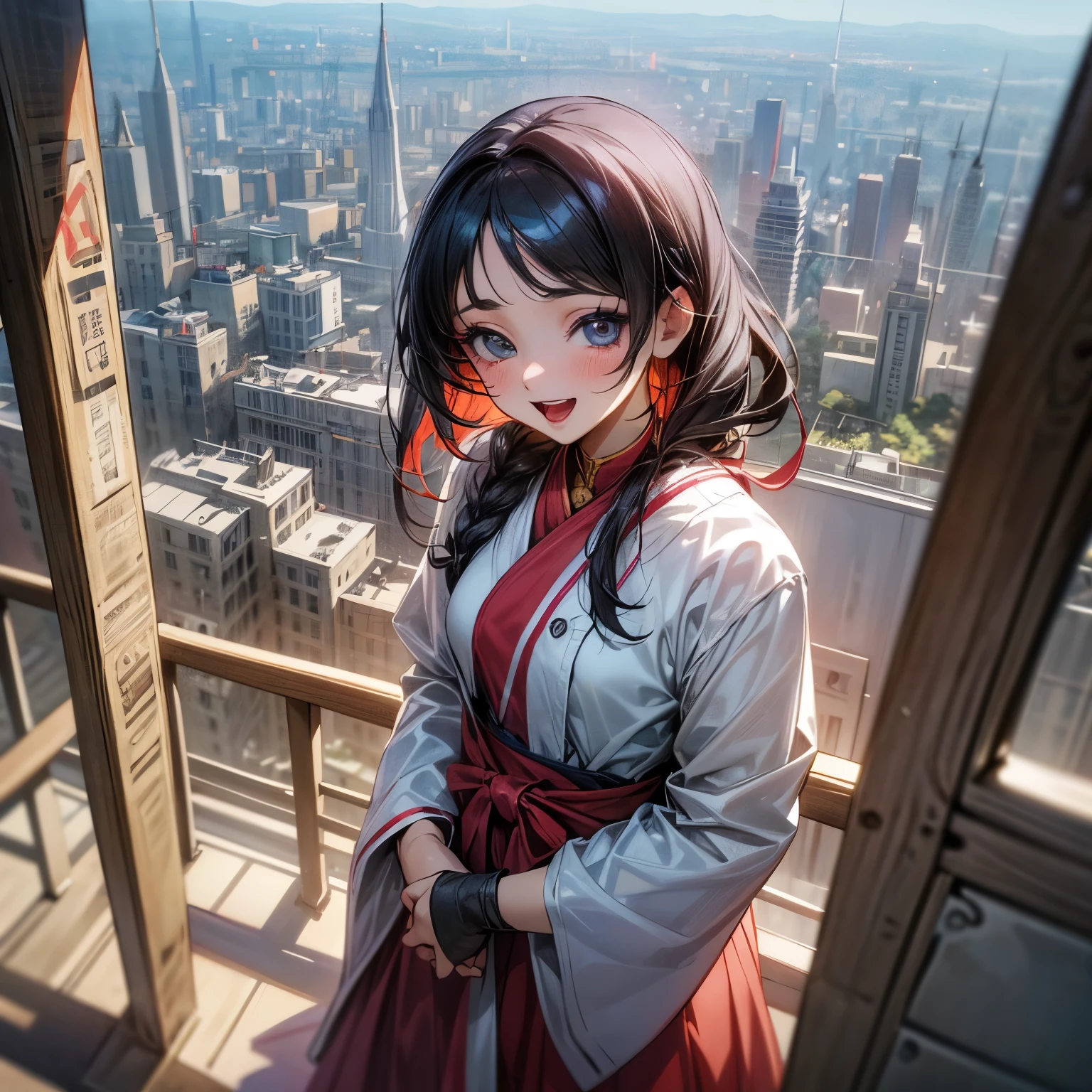 ((Masterpiece)), (Anime:1.5), ((best quality)), (Professional Photography:1.3), (High Definition), (RAW photo:1.2), (12 years old), cute girl, Ritual Dress, open mouth, smile, ruined Ancient cities, cute eyes, long eyelashes, Glossy skin, (makeup red lipstick), looking down on the ground from bad scaffolding on top of 2000m skyscraper,