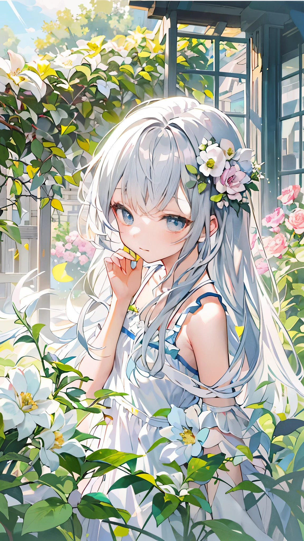 (​Masterpiece、top quality、revelation、extremely high quality、High level of image quality、extremely sensitive writing)Silver long hair girl standing in beautiful garden、faint smile、She has a big bouquet of flowers、Cute traditional wear style camisole，ruffled shoulders、hair blowing in the wind