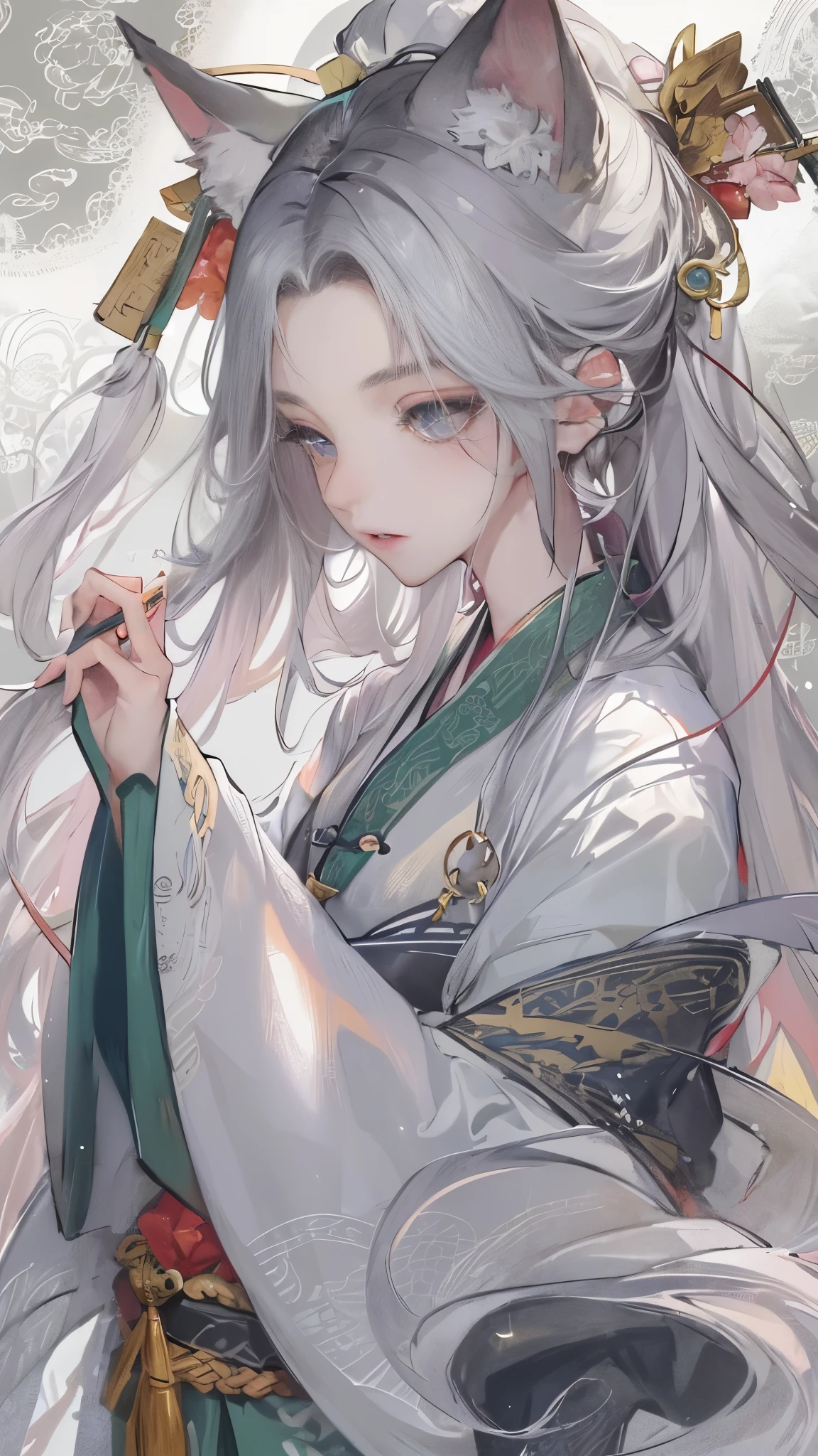 masterpiece, the best, night, full moon, 1 female, mature woman, Chinese style, ancient China, elder sister, Royal sister, cold noodle, Poker face, woman with long silver hair, pale pink lips, calm, intelligentsia, Three belts, gray pupil, assassin, dagger, Flower ball background, Strolling Street masterpiece, the best, night, full moon, 1 female, mature woman, Chinese style, ancient China, elder sister, Royal sister, cold noodle, Poker face, woman with long silver hair, pale pink lips, calm, intelligentsia, Three belts, gray pupils, assassin, dagger, Flower ball background, street view, White-haired Catwoman, Hanfu, Cat ears, cat tail, Clear purple eyes