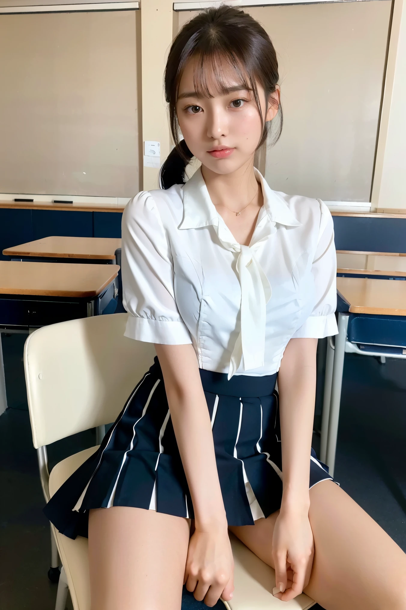 (highest quality, 8k, High resolution, realistic:2.0), (Japanese girl in her 20s:2.0),(lit: strong),(lit: front),(A girl with a good bust:2.0),(shiny skin:1.5),long hair,straight hair,(dark brown hair color:1.5),letting down one&#39;s bangs,(Bend your legs and open your thighs:1.8),(black loafers:1.5),(loose white blouse:1.6),(blouse with collar:1.2),(White short socks),(black loafers:1.1),((navy pleated mini skirt)),((wearing cute white panties)),((Girl sitting on chair in classroom)), so beautiful
