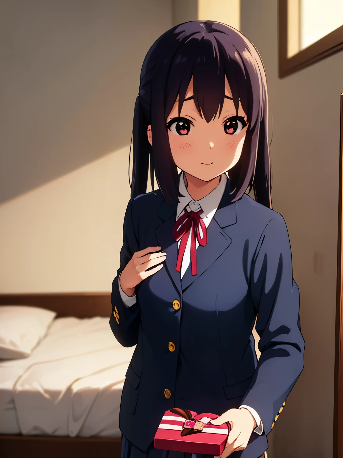 1girl, (((​masterpiece))), wallpaper HD, top-quality, top-quality, High Details, nakano azusa, 1girl, Sakuragaoka High School Uniform, student clothes, Twin-tailed, length hair, A dark-haired, brown-eyed, solo, reddish, Dark blue blazer with thin red ribbon, Solid white buttoned shirt under blazer, illustratio, comic strip, soothing tones, Subdued Color, Soft cinematic light, adobe lightroom, photolab, HDR, intricately and hyper-detailed、(((depth of fields))))。(((​masterpiece)))。(((top-quality))).)((ultra-detailliert)))。(((illustratio)))。(((takeout))).dynamic focus.big breasts.(((home))).(((A bedroom))).(((Face of happiness))). open smile mouth.(((hand holding a chocolate valentine gift))).(((up chest))).((morning glow)).((the setting sun)).