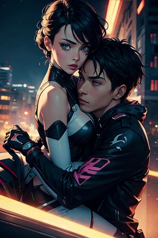 A cyberpunk image of a loving interracial couple holding each other at sunset. intricately detailed, intricately textured, hyperrealism, in the style of Patrick Nagel, visible paint strokes, smeared paint, pastel colors, in Art Nouveau style.