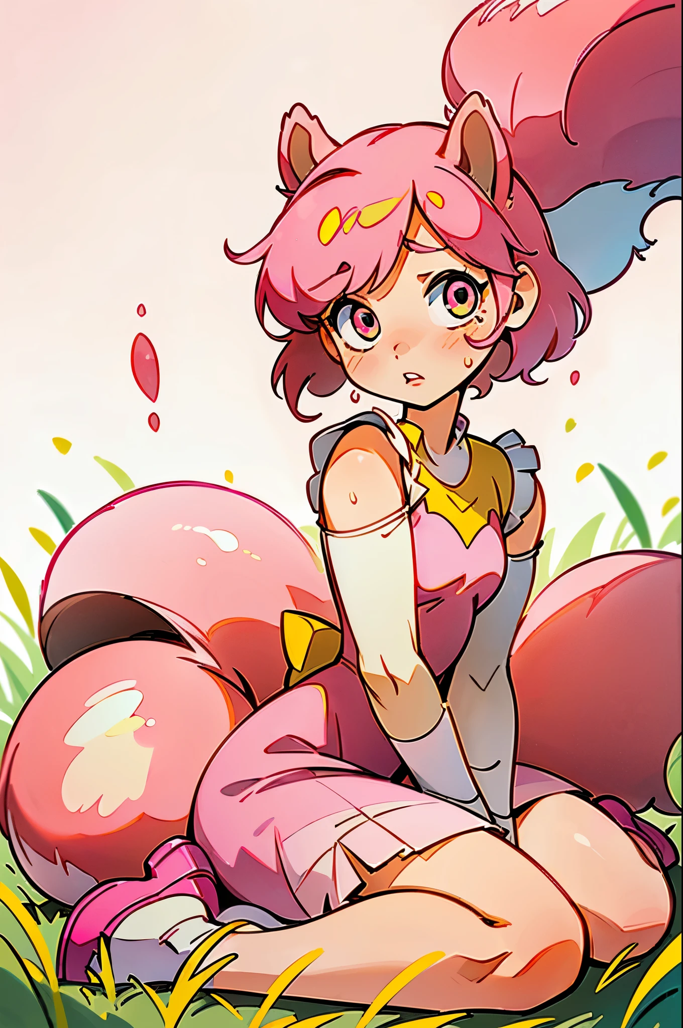 masterpiece, best quality, illustration, minimalistic, cartoon style, pink theme, 1girl, solo, ((squirrel girl)), full body shot, frightened, shivering in the corner of the room, cute, ((pink squirrel ears, pink squirrel tail)), red bow on the head, short bob hair, pink hair, wears a pink short dress, ((sitting on the grass)), wariza, (((looking at viewer)), ((spilled lemonade)), dropped lemon, sliced lemon, plain white background, sweat, blood on the face:1.5, blood on the cloth, parted lips, frightened