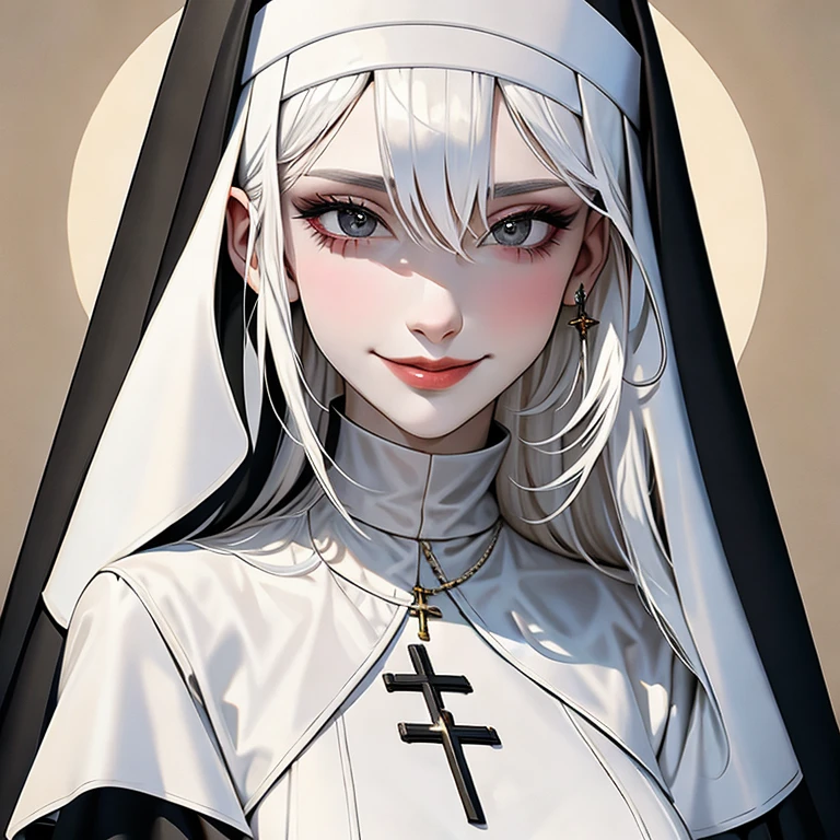 (masterpiece, best quality:1.2), 1girl, solo, nun, ghotic, malefic smile, elegant, white hair