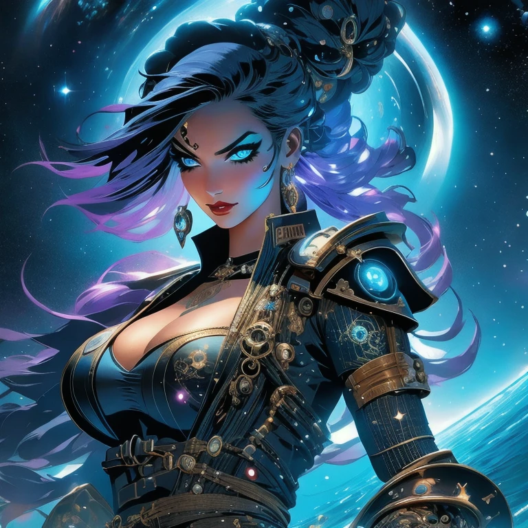 Imagine a fierce female pirate with cybernetic enhancements, her eyes gleaming with augmented reality displays, a metallic arm adorned with intricate tattoos of constellations. Behind her, a swirling black hole, its gravitational pull bending the stars.