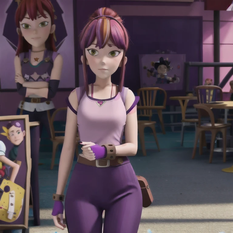 (masterpiece, best quality:1.2), 1girl, solo, light reddish hair, tied up hair, hazel eyes, gloves, dark purple nails, sleevess shirt, (dark purple sleevess shirt:1.3), pants, (dark purple pants:1.3), bracer, (pink bracer:1.3), (cowboy shot:1.3), looking at viewer,