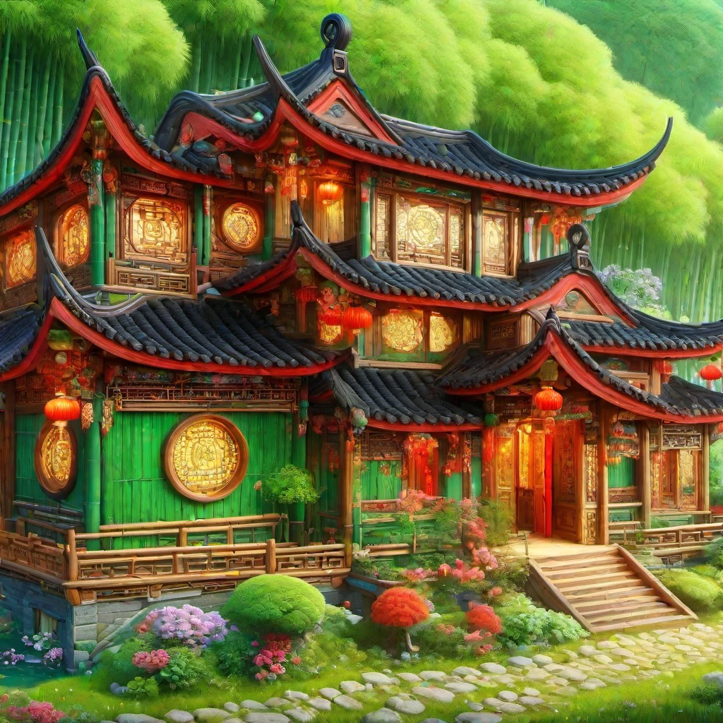 (masterpiece, best quality:1.2), ancient Chinese house,bright colors,traditional building,bamboo forest,Black tile roof,Flower path