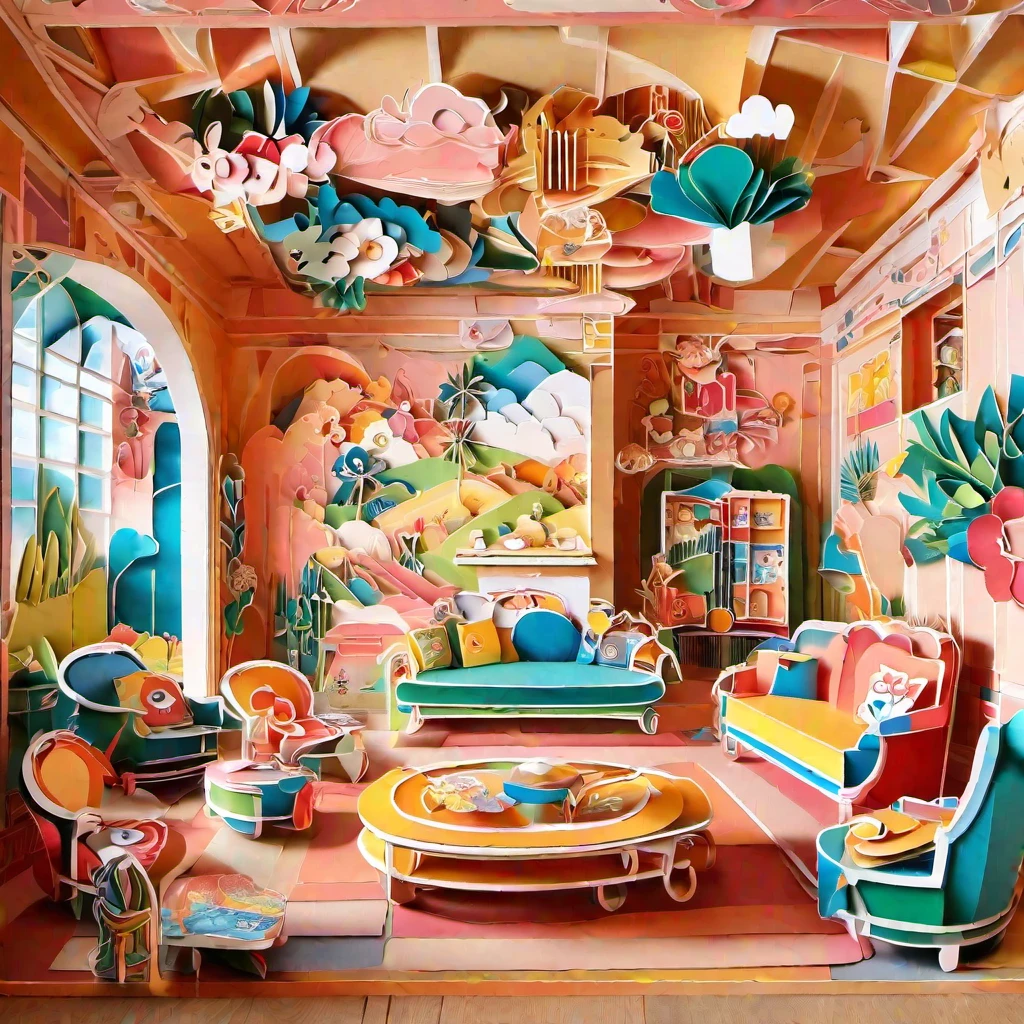 (masterpiece, best quality:1.2), 3d paper cut style, classic, cartoon, cute, living room paper cut art, playful and cute room decoration, paper art furniture, sofas, chairs and tables made of folded and cut paper, bright colors, whimsical patterns, walls decorated with animals, Flowers, landscapes and other paper art cartoons