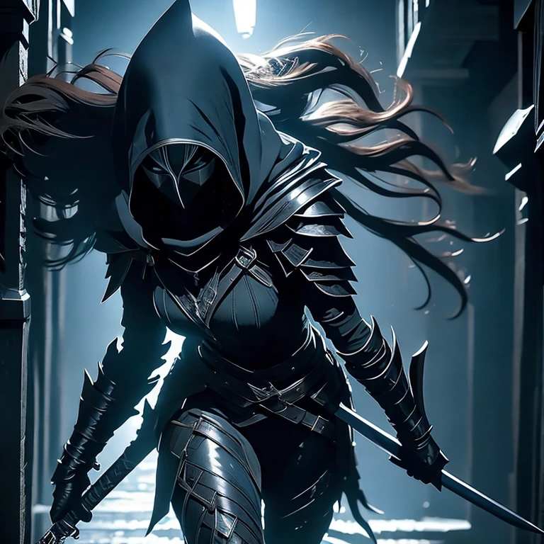 A Shadowy Assassin, clad in sleek, dark armor that seems to absorb what little light there is. Their form blends seamlessly with the darkness around them, a master of stealth. In one hand, they wield a pair of daggers, their edges shimmering with shadow magic. Wisps of darkness coil around the blades, hinting at their deadly power. With eyes gleaming from beneath a hood, the assassin prepares to strike from the shadows.