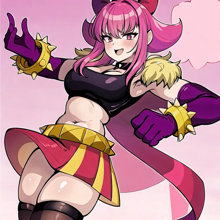 (masterpiece, best quality:1.2), 1girl, solo, melodiebs, fur shoulders pads, spiked, bracelet, black thighhighs, pink hair, orange skirt, purple gloves, purple elbow, gloves, red bow, crop top, pink hair, miniskirt, thighhighs, black crop top, black, choker, navel, heart