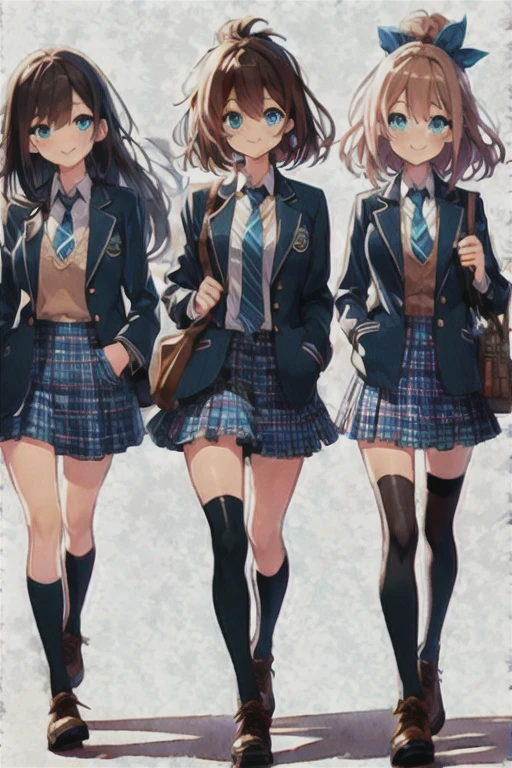 (full body)),(masterpiece, best quality), (3 girls1.5) ,((Contrapposto:1.5)), looking at viewer, walking,((v_arms:1.2)), ((white full-length tights:1.3)), wearing High_school_Uniform 1.3), ribon, plaid skirt, (black skirt:1.3),BREAK masterpiece black hair, ((long hair:1.2)), ((parted bangs:1.3)), black eyes, good hand, ((small breasts)), (over 20 years old, under 25 years old:1.2), , spotlight, happy, smile, BREAK in the class room